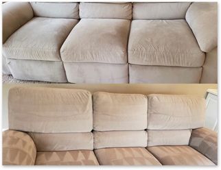 A before and after picture of a couch that has been cleaned