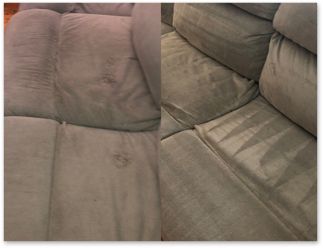 A picture of a couch before and after being cleaned