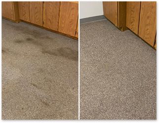 A before and after photo of a dirty carpet and a clean carpet.