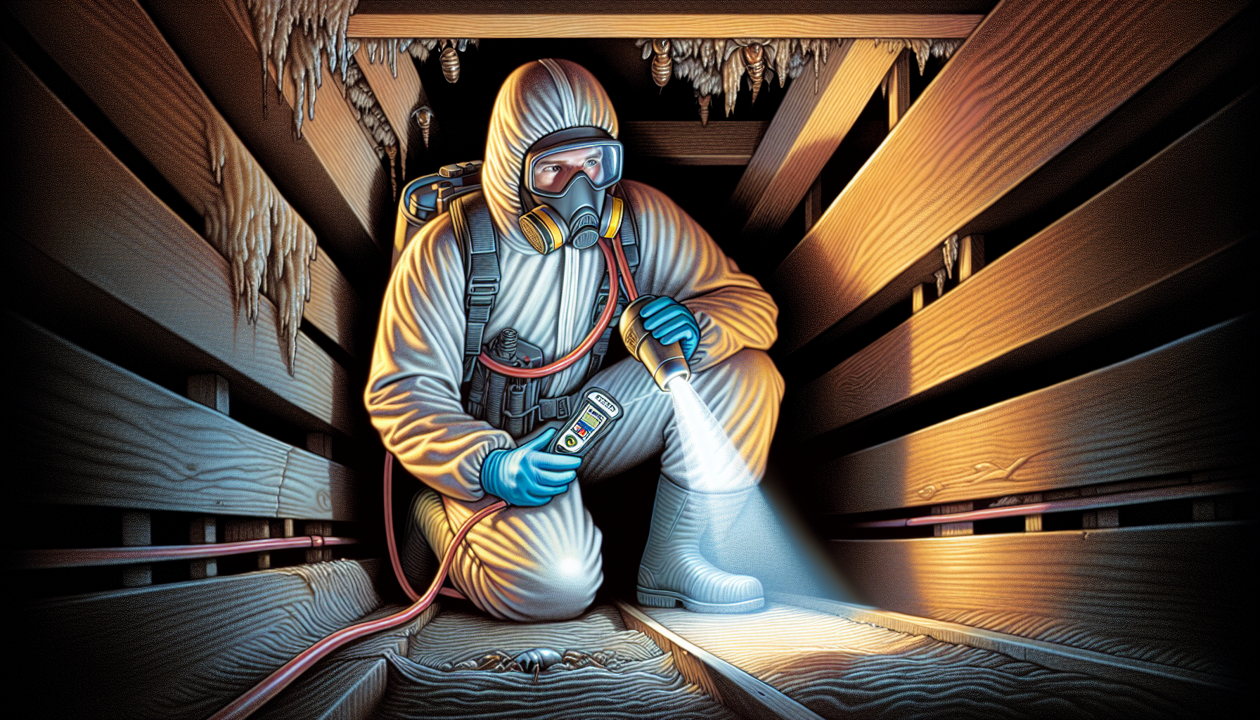 Inspecting crawl spaces and attics for termite colonies