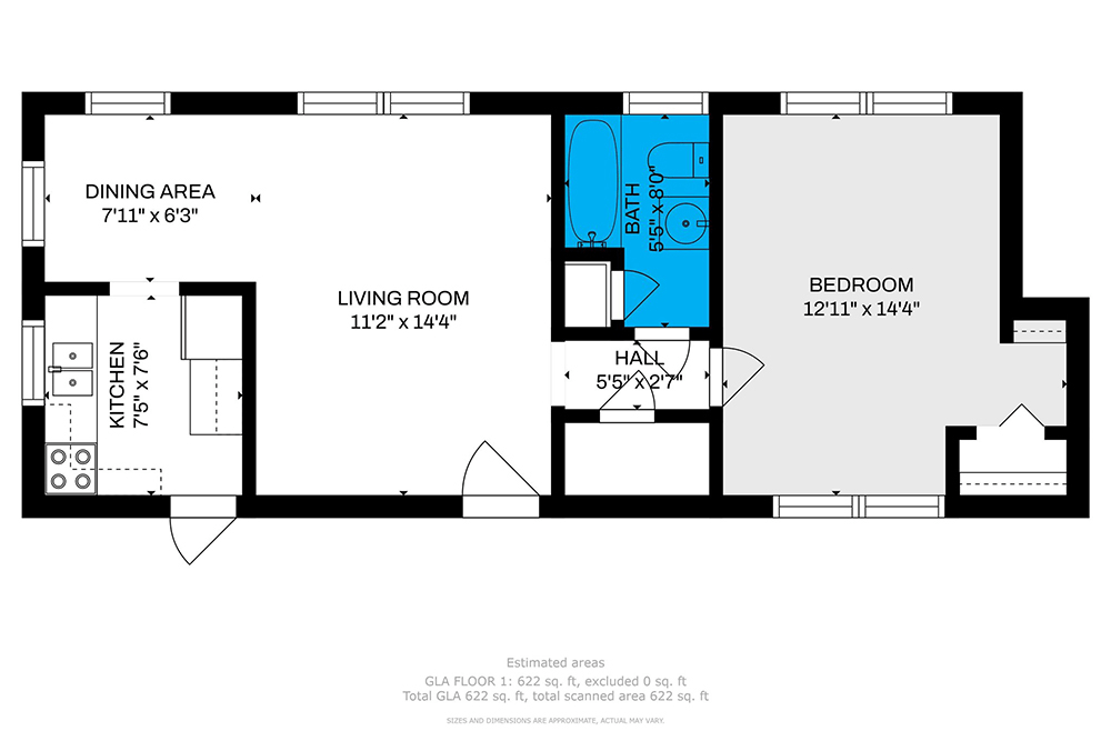 A floor plan of a house with a blue room in the middle.