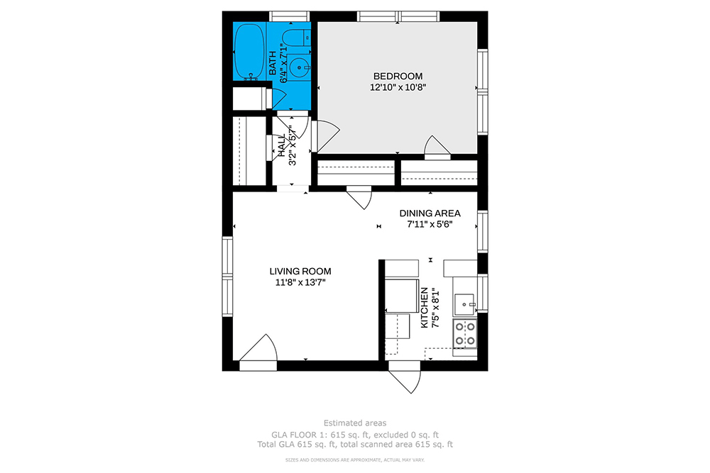 A floor plan of a house with a bedroom , living room , and kitchen.