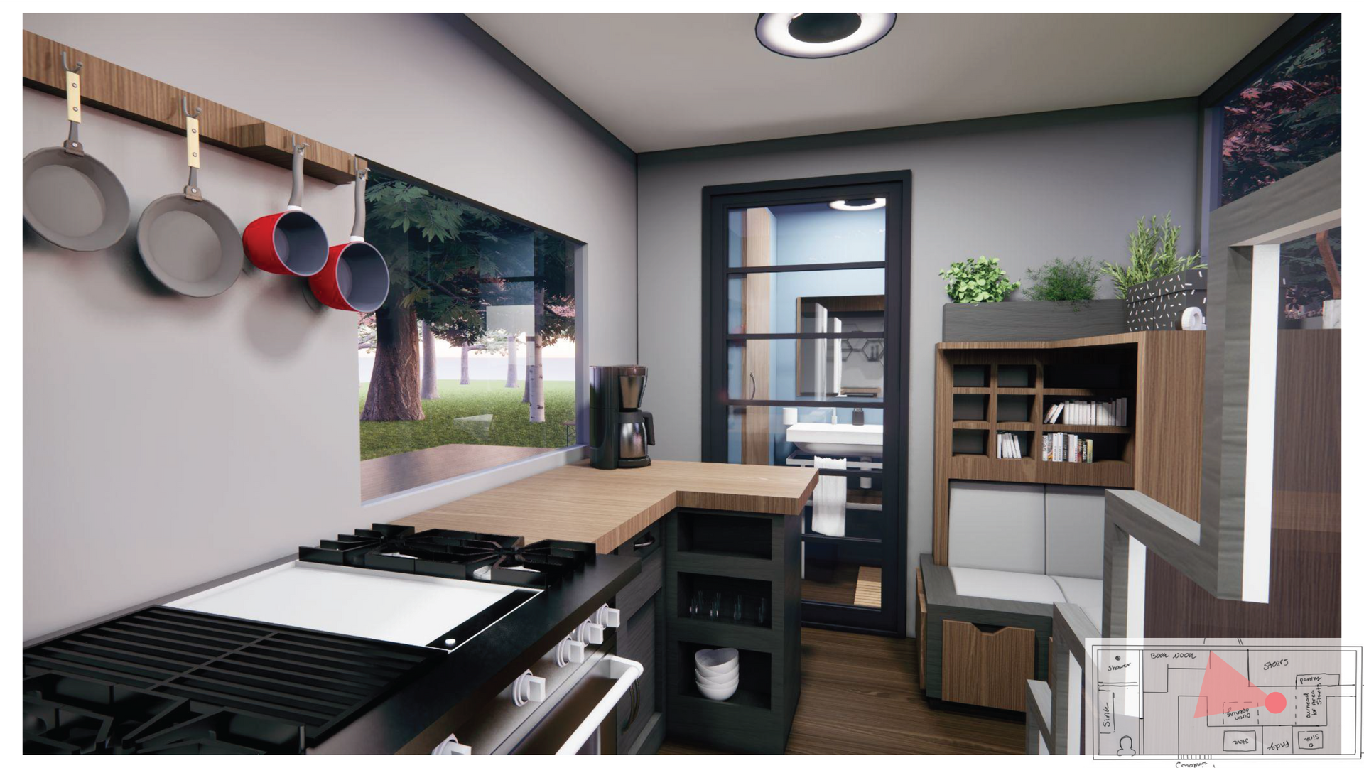 Render of the Kitchen area, sitting nook and bathroom