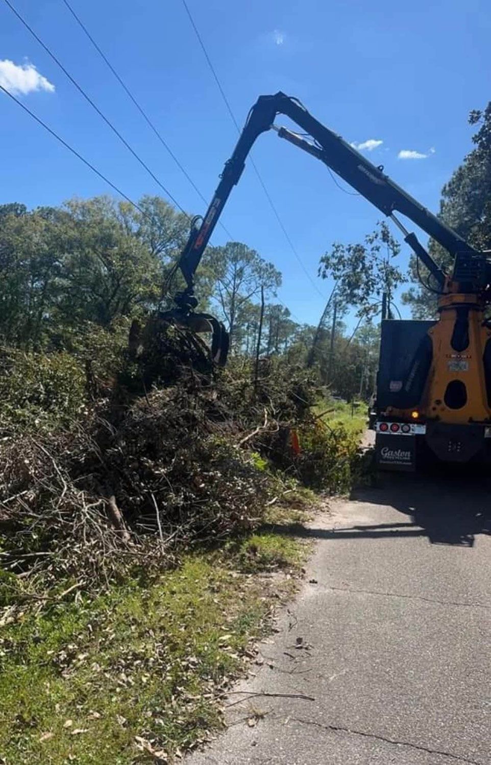 A tree trimming truck collecting the debris 