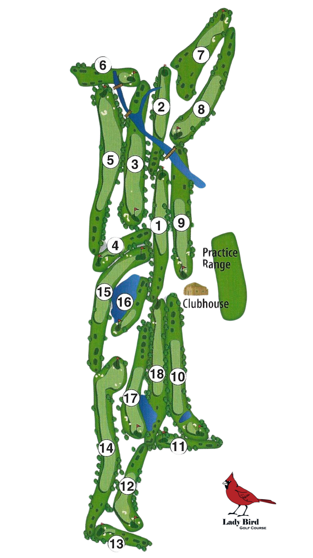 A map of a golf course with a red bird on it.