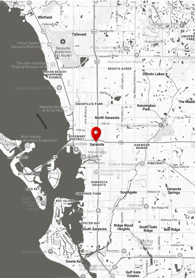 Map of Sarasota, Florida, with a red marker pinpointing a location in the city.