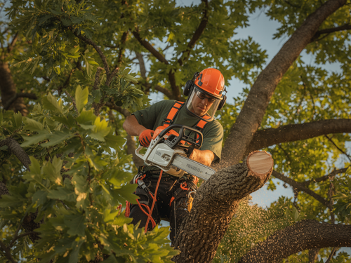An arborist wearing a hard hat, face shield, and safety harness uses a chainsaw to prune a branch in a large tree.