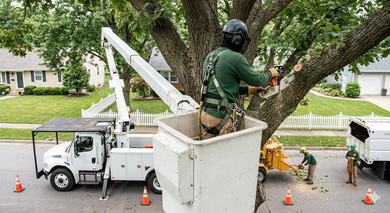A worker in a bucket truck uses a chainsaw to prune branches from a large tree on a residential street.