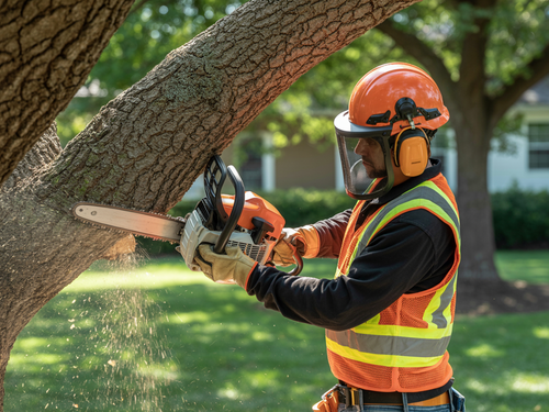 A person in safety gear and a high-visibility vest uses a chainsaw to cut into a tree branch outdoors.