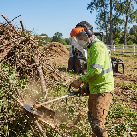 A worker in high-visibility neon gear and protective equipment uses a brush cutter to clear brush in a rural field.