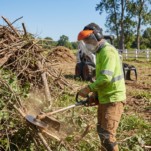 A worker in high-visibility neon gear and protective equipment uses a brush cutter to clear brush in a rural field.