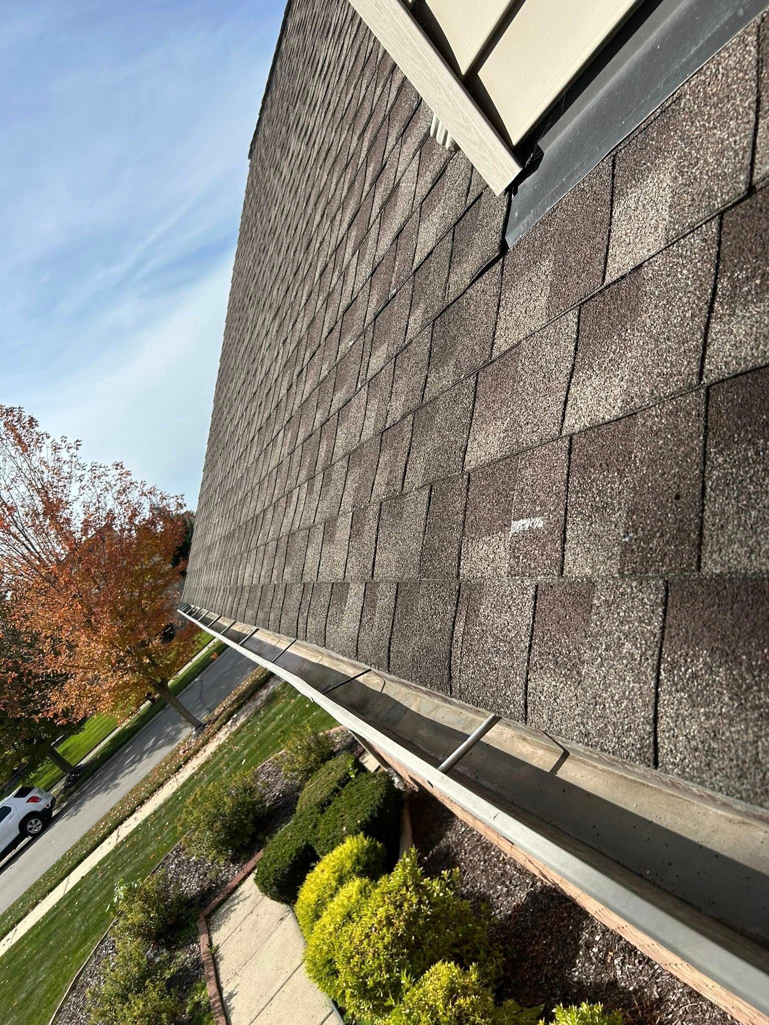 Close-up of a brown shingled roof with a gutter and landscaping below, against a blue sky.