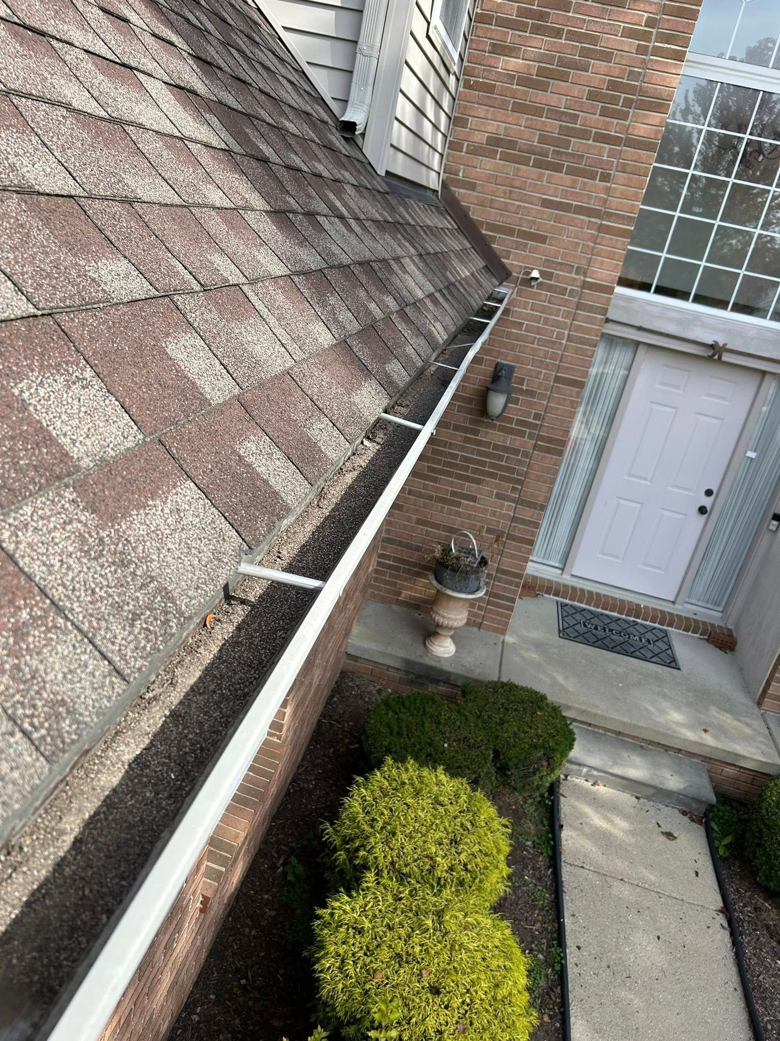 Gutter along a brick wall and roof with weathered shingles, door and shrubs.