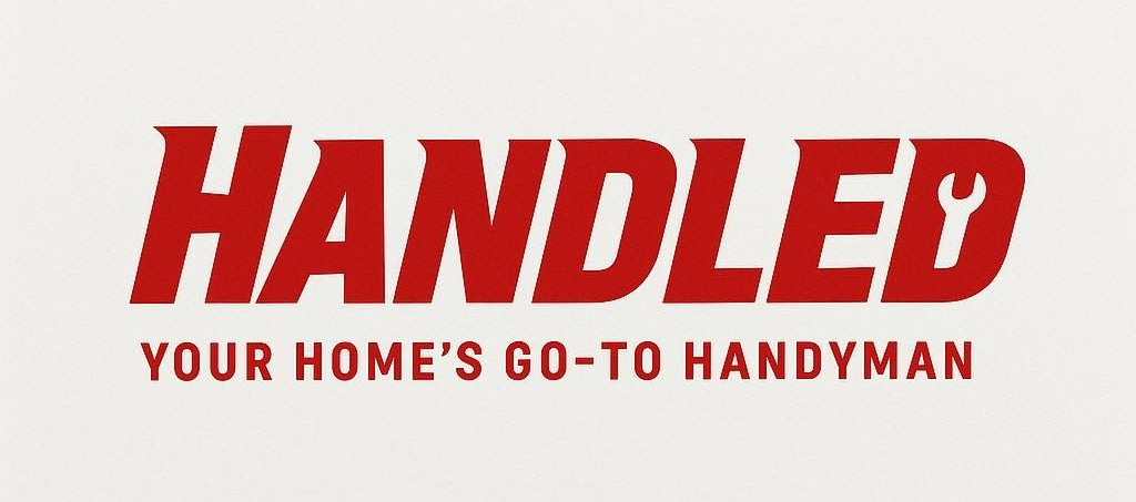 Logo for "Handled" handyman service; red text on white background. Includes a wrench icon, tagline "Your home's go-to handyman."