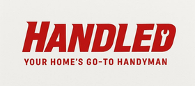 Logo for "Handled" handyman service; red text on white background. Includes a wrench icon, tagline "Your home's go-to handyman."