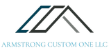 Logo of Armstrong Custom One LLC, with three overlapping roof shapes in shades of blue, black, and gray.