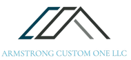Logo of Armstrong Custom One LLC, with three overlapping roof shapes in shades of blue, black, and gray.