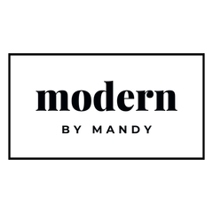 Logo: "modern" in a bold serif font above "BY MANDY" in a smaller sans-serif font, all within a rectangle.