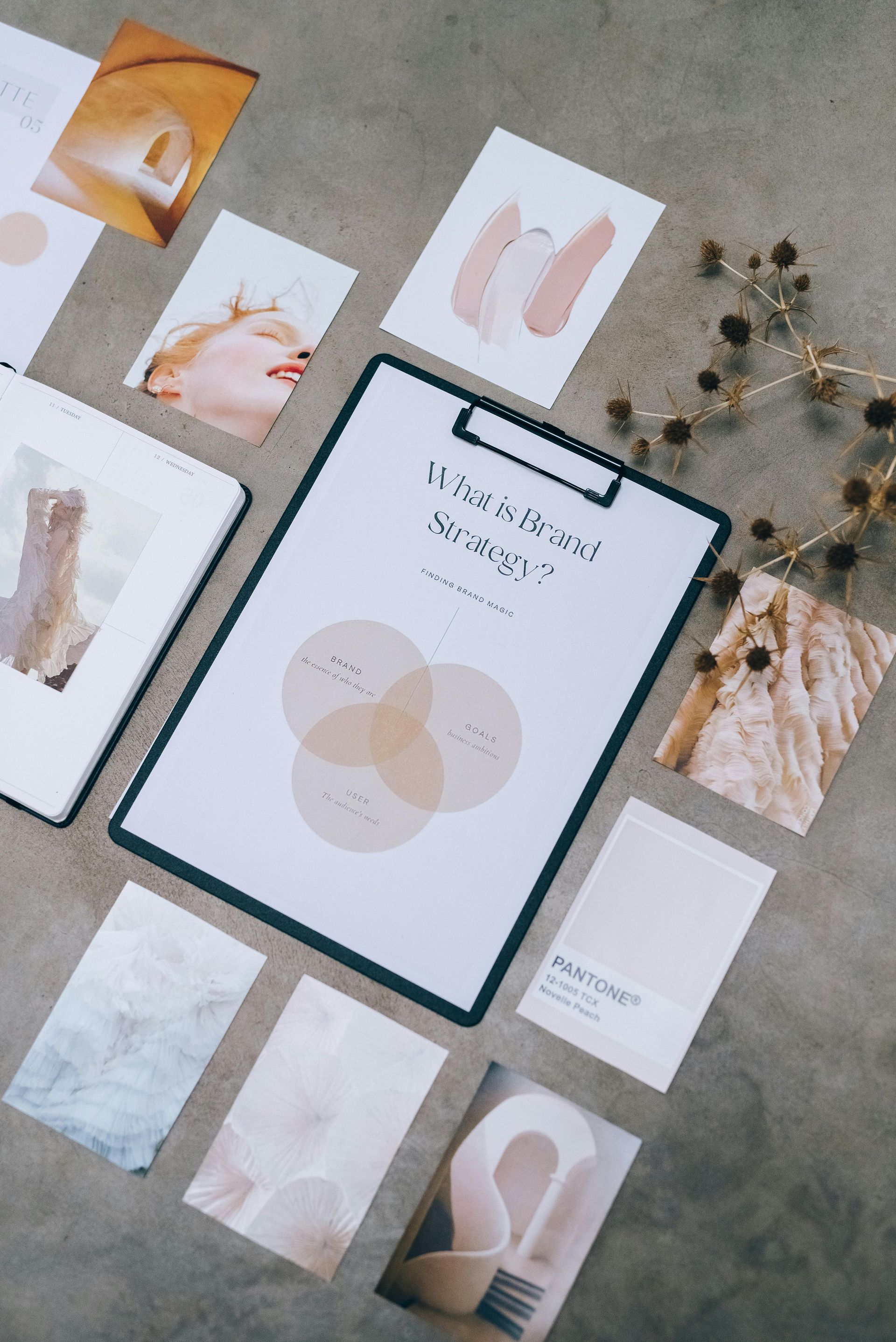A clipboard is sitting on top of a table surrounded by cards and pictures.