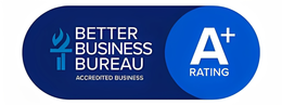 Better Business Bureau accredited business badge with A+ rating on blue background