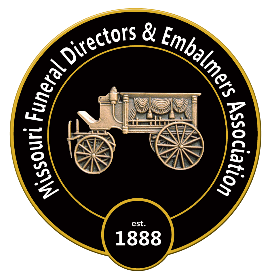 Missouri Funeral Directors & Embalmers Association logo: a hearse, black background, gold trim, text, and 