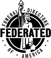 Logo of the Federated Funeral Directors of America featuring a figure holding a torch.