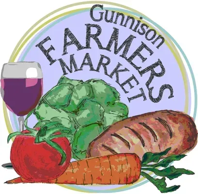 Gunnison Farmers Market logo with wine, artichoke, bread, tomato, and carrot.