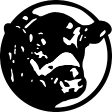 Silhouette of a bear's head within a circle, facing right. Black and white graphic.