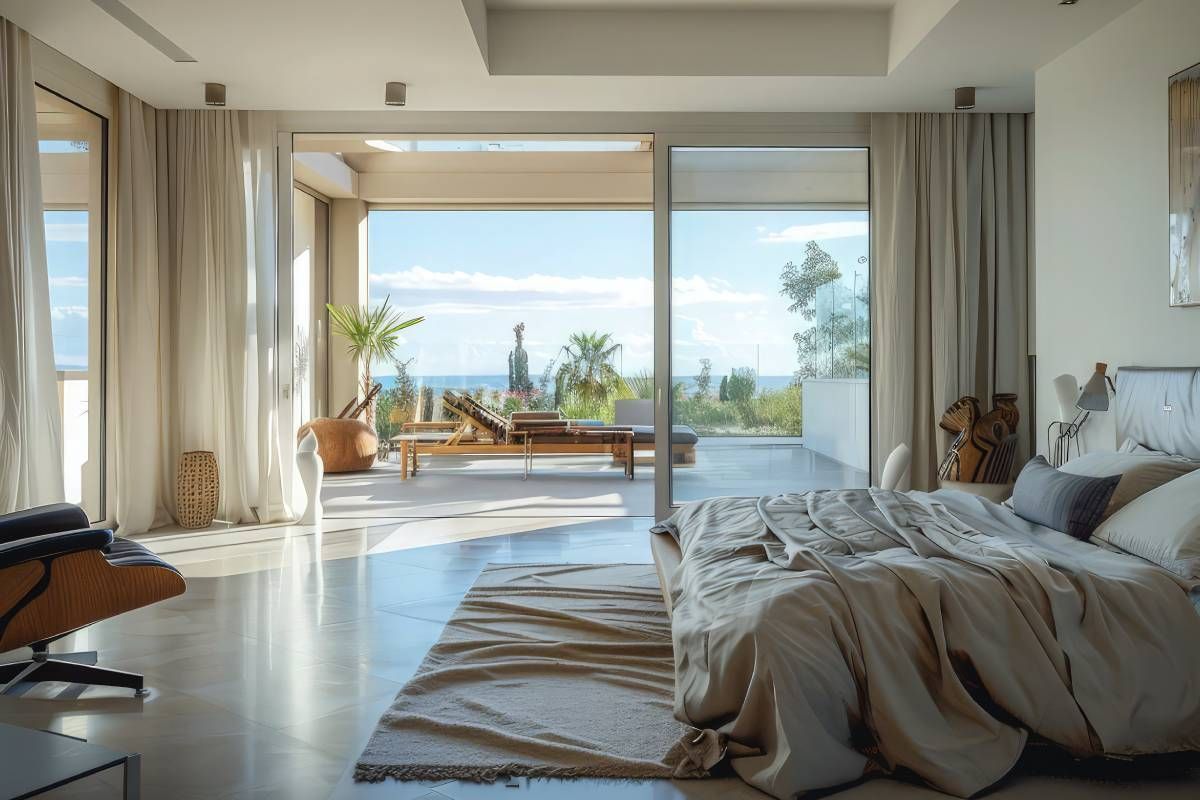 A sliding glass door with window coverings in a bedroom at Beginning To End Interiors & Blinds  near Sarasota, Florida (FL)