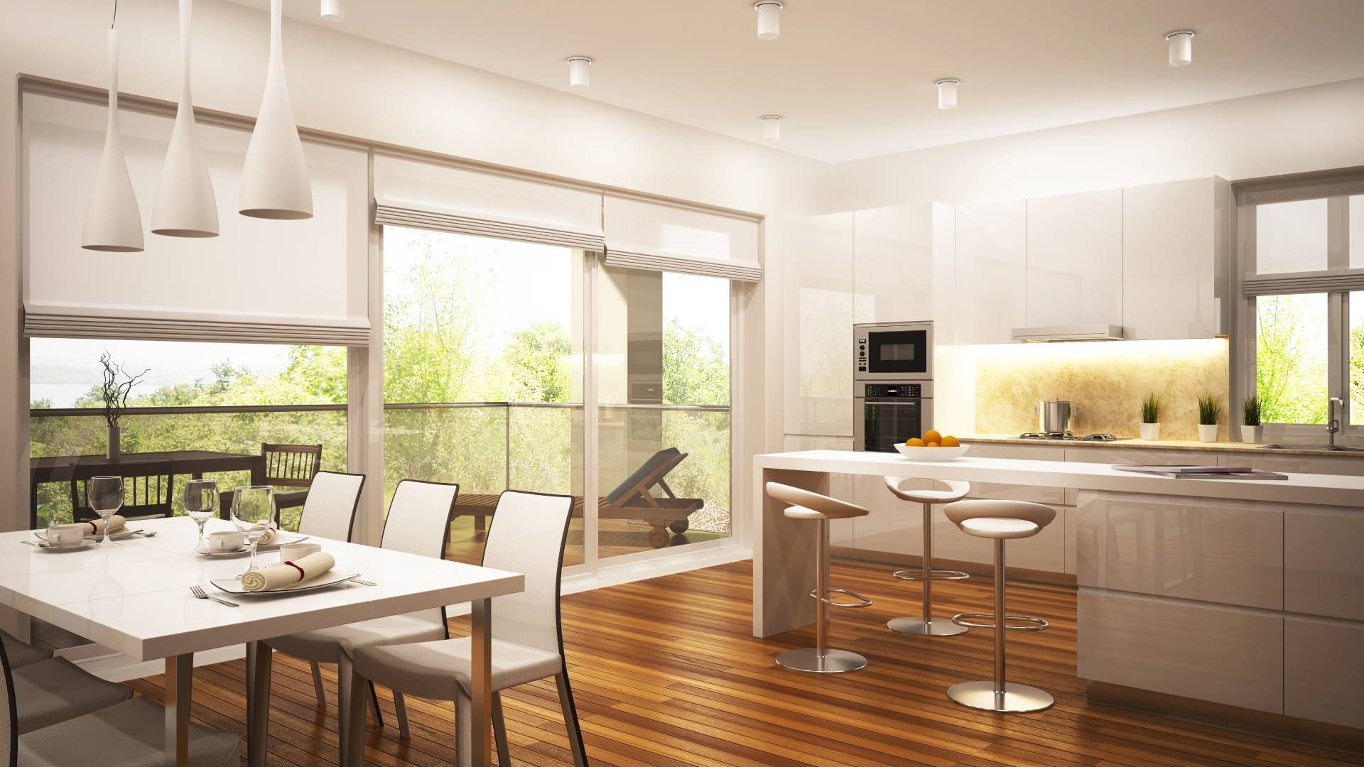 A luxury dining room and kitchen space with matching window shades at Beginning to End Interiors nea