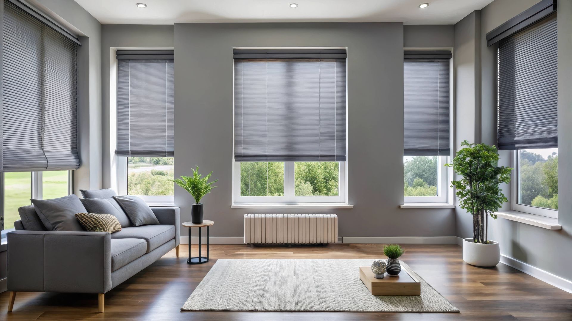 Blinds in a modern living room with a complementary rug at Beginning To End Interiors near  Sarasota