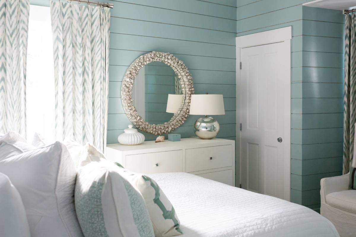 Modern Beach House Bedroom with Teal Shiplap Walls near Sarasota, Florida (FL)