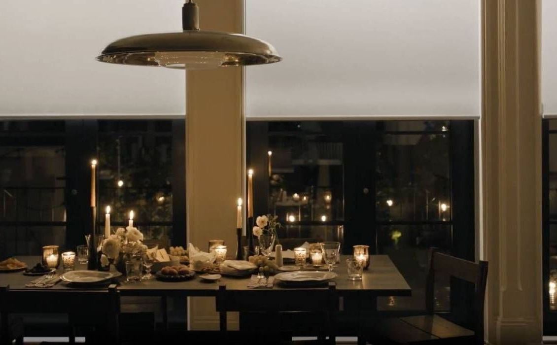 Hunter Douglas Aura™ Illuminated Shades in a dining room setting at Beginning to End Interiors near near Sarasota, Florida