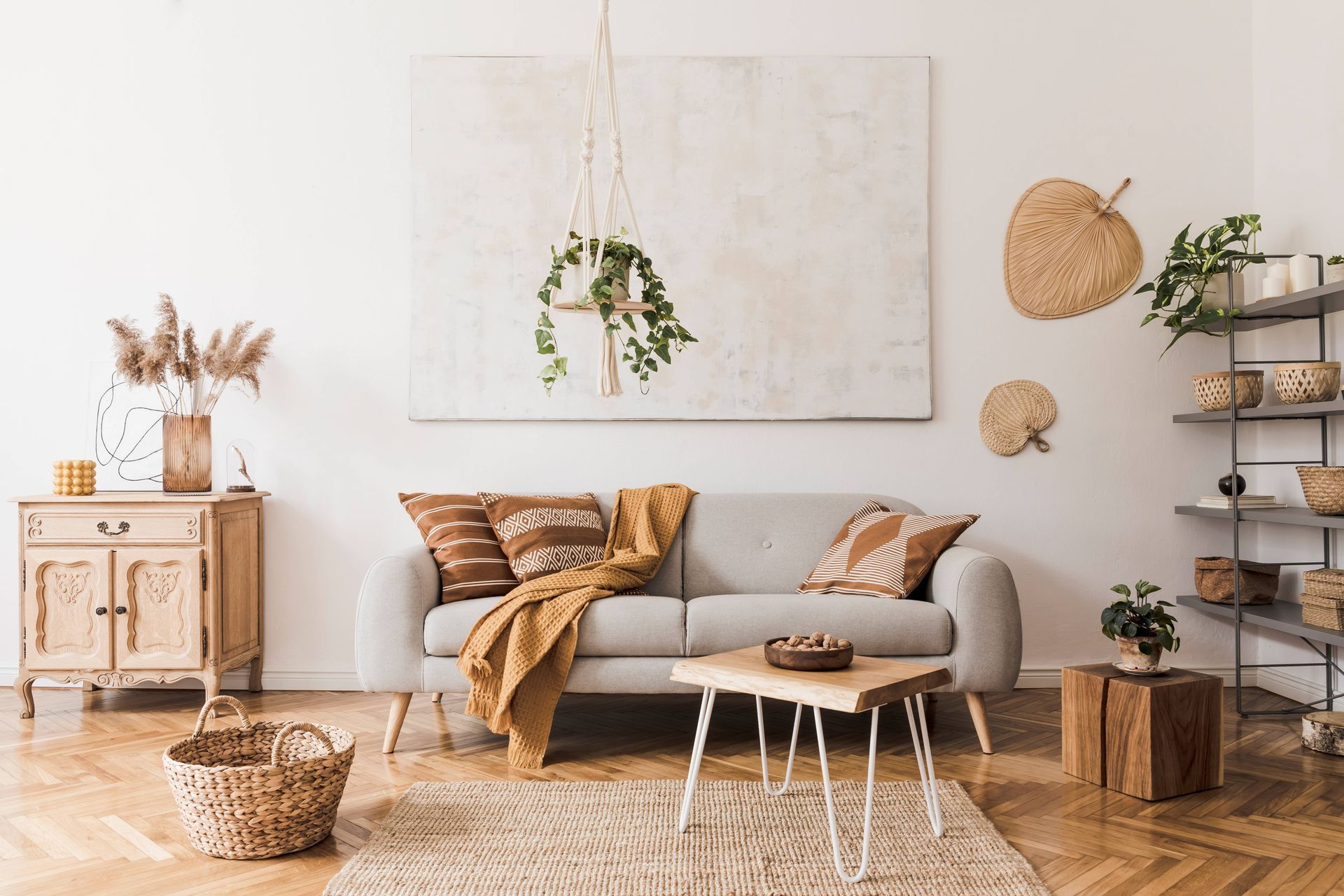 A boho chic interior design for a living room at Beginning To End Interiors near  Sarasota, FL