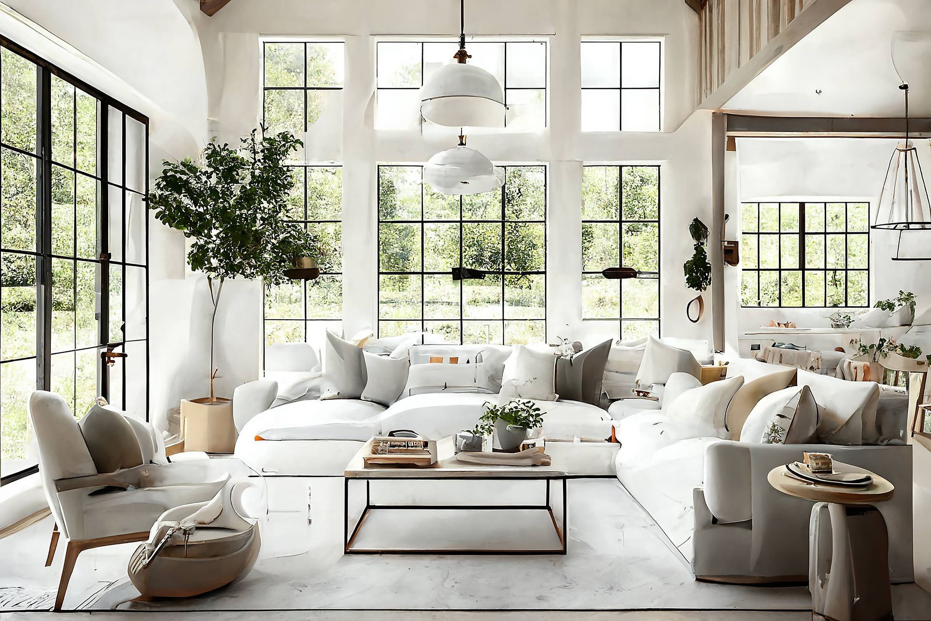 A modern farmhouse interior design that could benefit from window treatments near Sarasota, FL