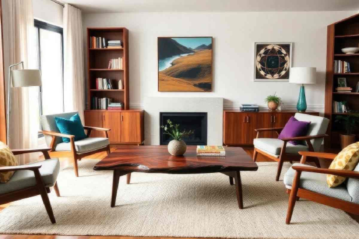 Modern living room with a sliding glass door and colorful accents