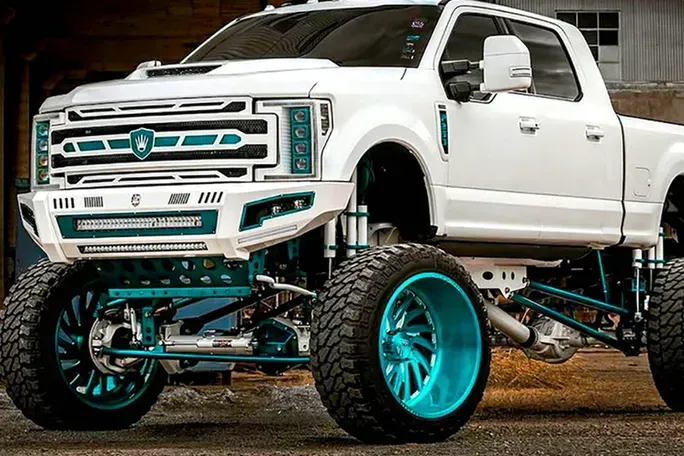 White, lifted truck with teal accents and large tires parked outdoors.