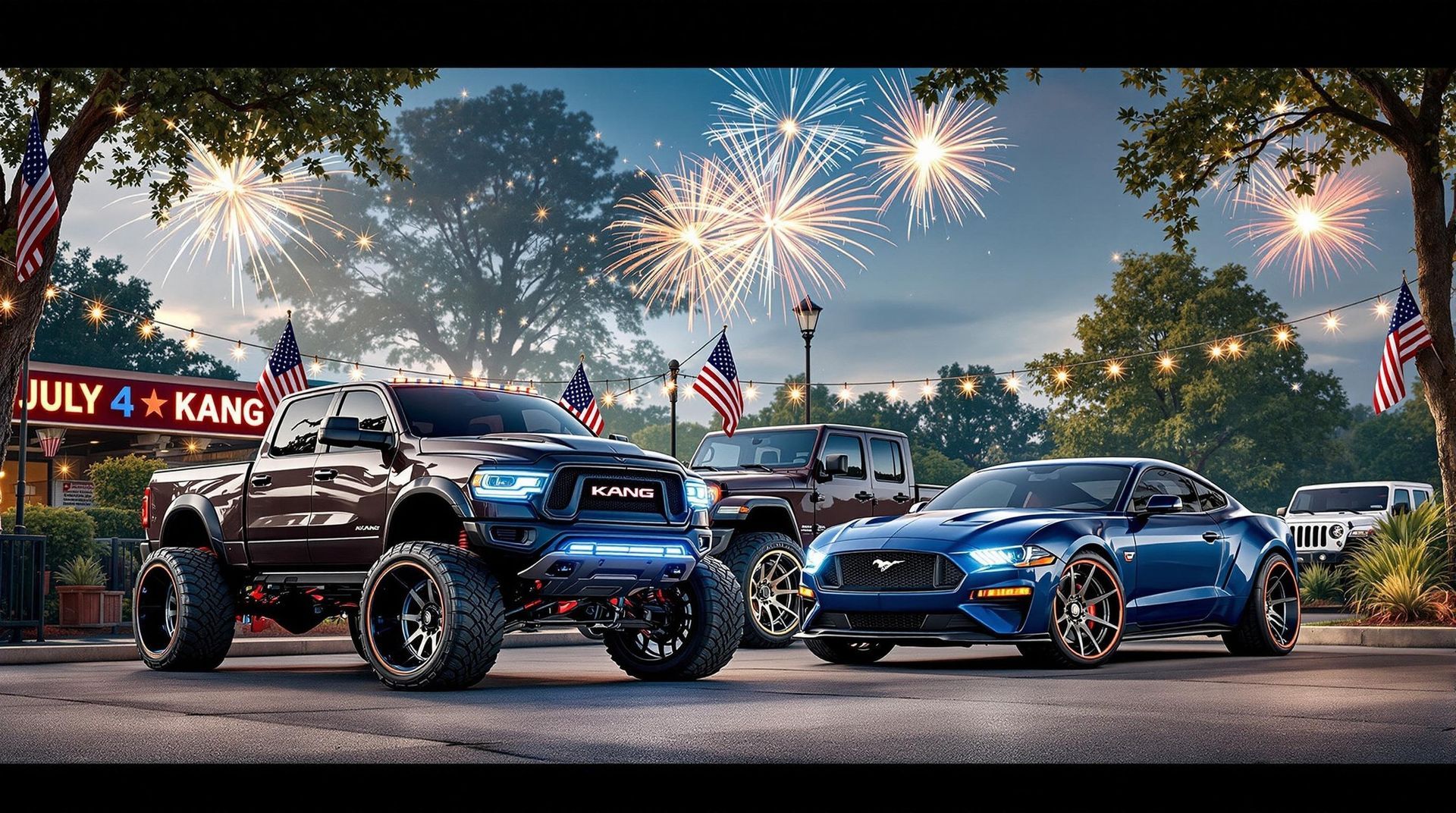 Vehicles parked in front of a July 4th scene with fireworks. A lifted Ram truck, a Jeep, and a blue Mustang.