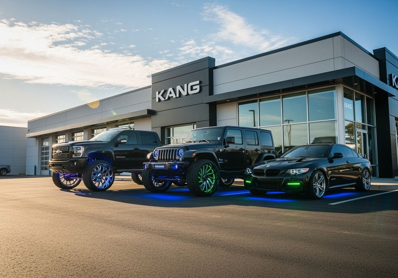 Three customized cars with neon lights parked in front of a building with 