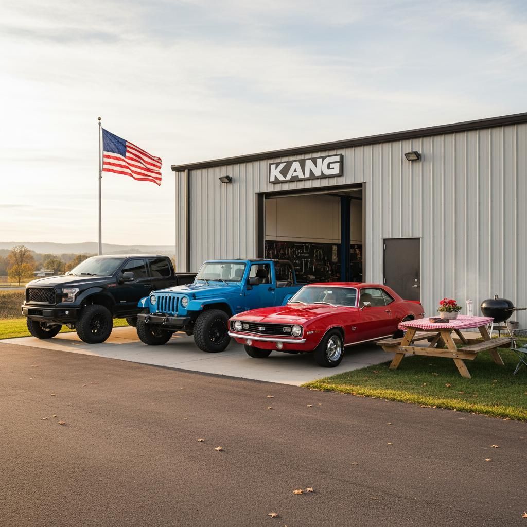Three cars parked outside a garage with an American flag.