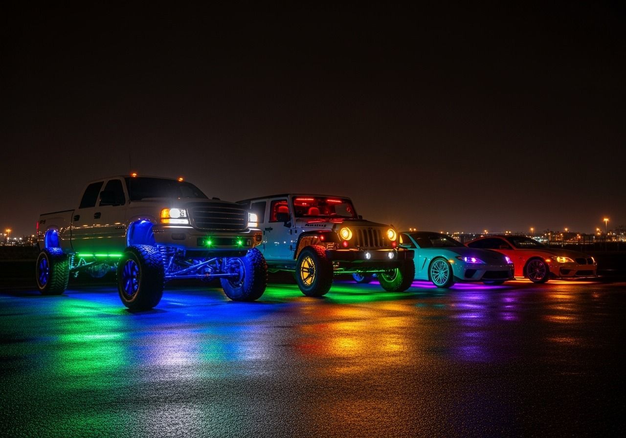 Trucks and cars with colorful underglow lights parked at night, reflecting on wet pavement.