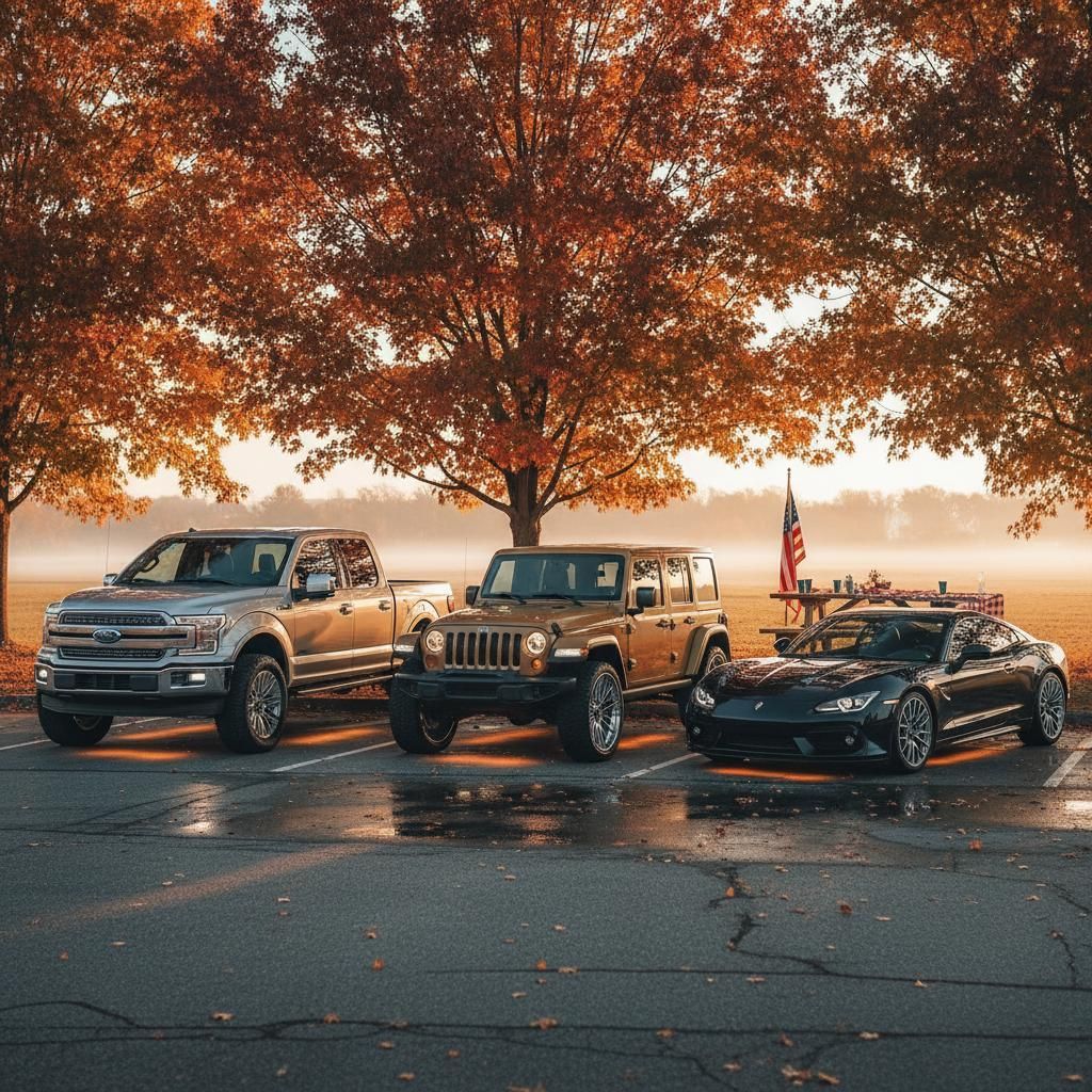 Three vehicles parked beneath an autumn tree: a truck, Jeep, and sports car. An American flag stands nearby.
