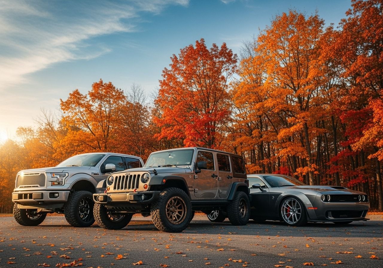 A silver truck, Jeep, and gray car parked on asphalt in front of vibrant fall foliage.