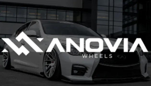 White car with Manovia Wheels logo overlay.