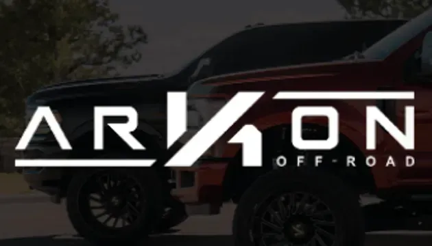 Arkon Off-Road logo with the brand name over the blurred image of two trucks.