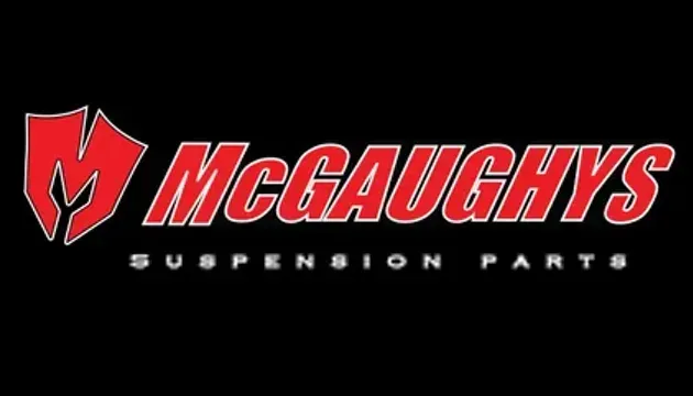 McGaughys Suspension Parts logo: red and white text on black background, shield-shaped