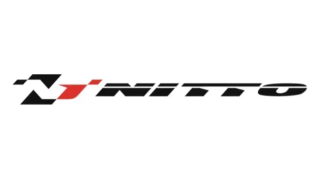 Nitto tires logo with black, red, and white lettering and checkered flag.