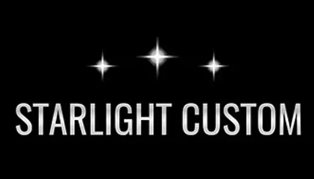 Starlight Custom logo: white text, three sparkling stars on black background.