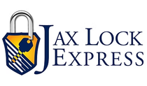 Logo for Jax Lock Express featuring a yellow shield, a padlock, and a key, with blue text to the right.