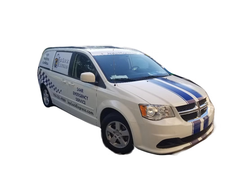 A white minivan with blue racing stripes and custom decals on the side, isolated against a white background.